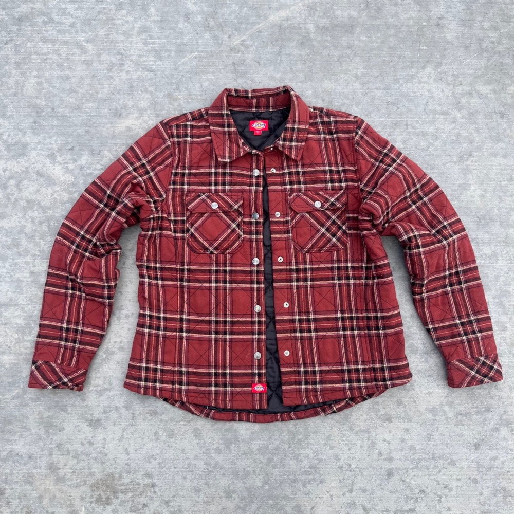 Dickies Girl Red Black Plaid Quilted Flannel Shirt Jacket Snap Front Size M